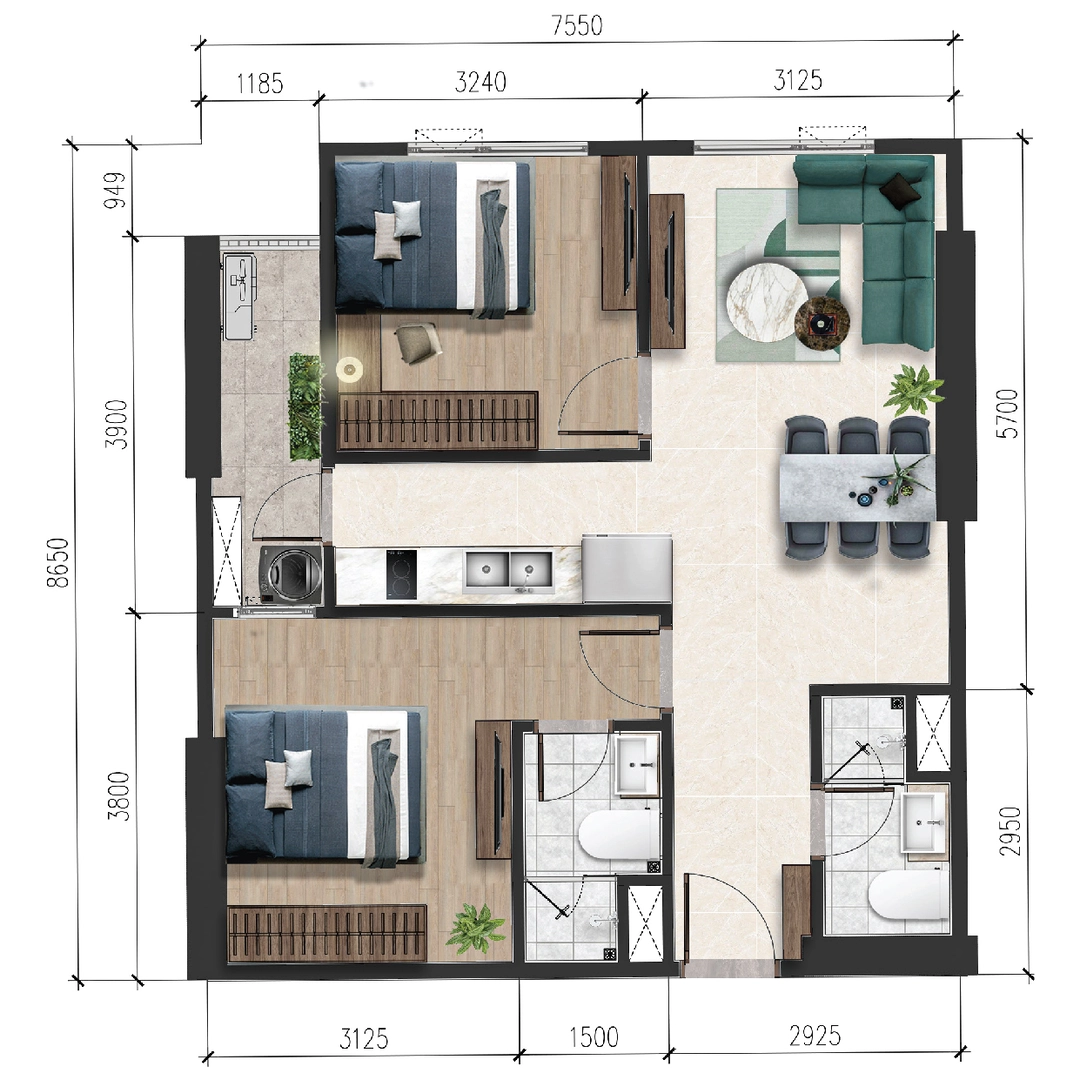 Căn hộ 2PN 58.9m2 dự án căn hộ cao cấp A&T Sky Garden